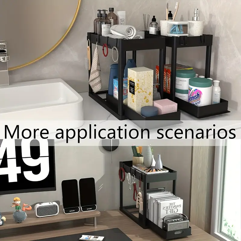 2 Pack Under Sink Organizer - Multi-Purpose, 2 Tier Sliding Cabinet Basket, 8 Hooks for Kitchen Under Counter Storage