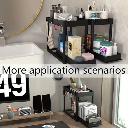 2 Pack Under Sink Organizer - Multi-Purpose, 2 Tier Sliding Cabinet Basket, 8 Hooks for Kitchen Under Counter Storage