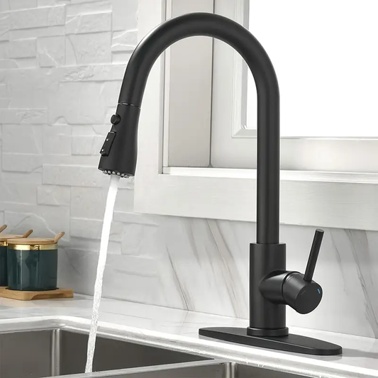1pc Kitchen Faucet with Pull-Down Spray, 2 Supply Hoses, SUS 304 Stainless Steel, Single Handle High Arc Commercial Brushed Nickel Kitchen Sink Faucet with Deck Suitable for Bar Laundry RV Farmhouse (Matte Black&Brushed Nickel)